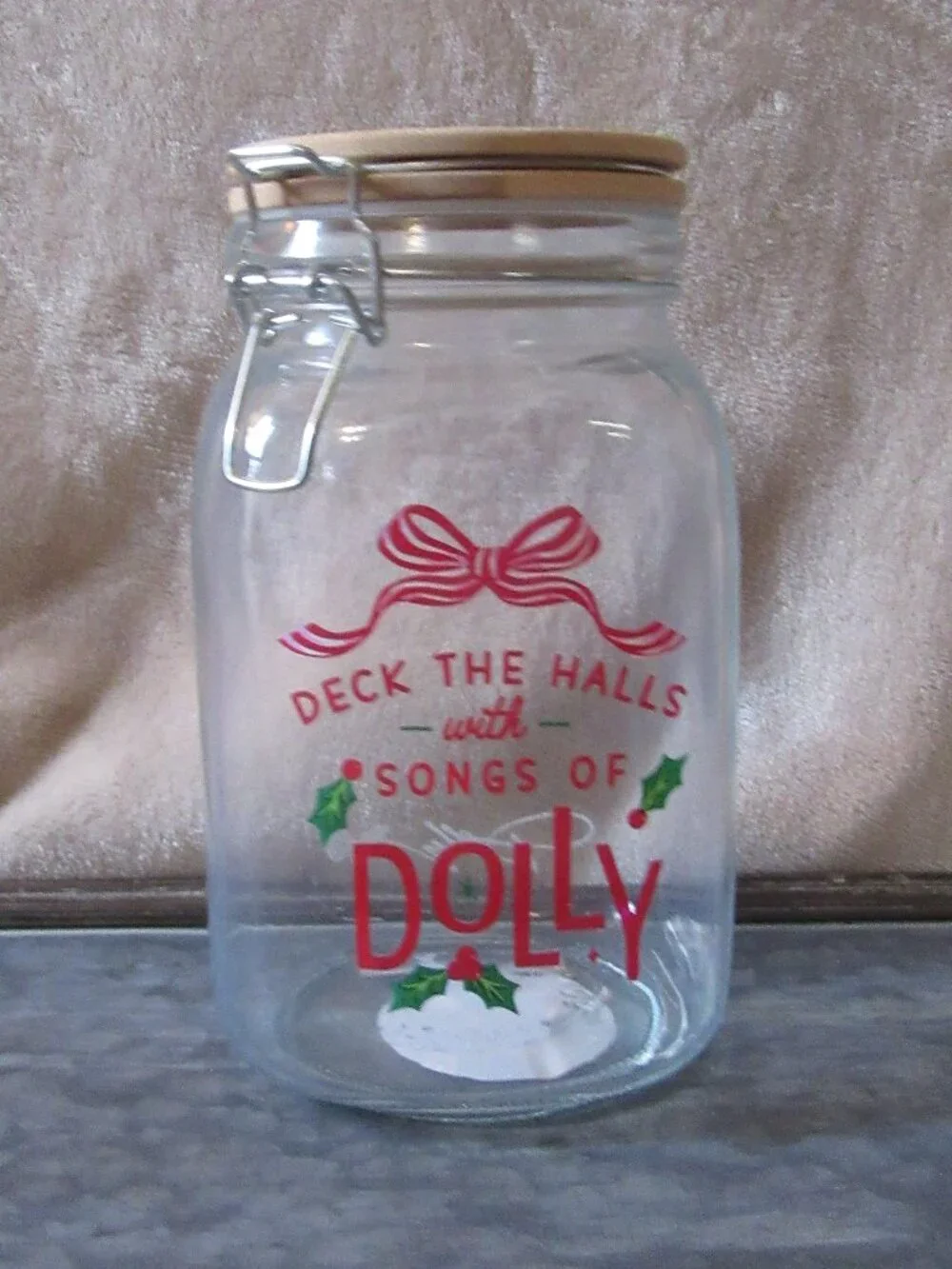 NWT Large glass Dolly Parton Christmas clear cannister w. wooden bow top